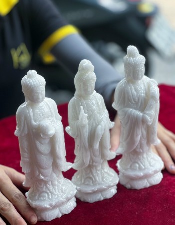 Tượng tam thế phật đá trắng nguyên khối cao 20cm T038