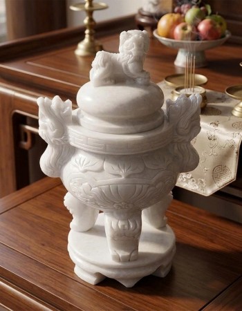 Lư Hương Toàn Gia Cát Tường bằng đá trắng tự nhiên nguyên khối, cao 40cm T534