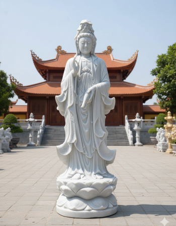 Tượng phật bà quan âm đá trắng nguyên khối cao 2.8m T256