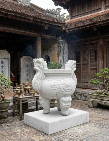 Lư hương đá trắng nguyên khối thiên nhiên cao 60cm T303