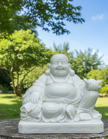  Tượng phật di lặc ngồi đá trắng nguyên khối ngang 30cm, cao 28cm, dài 18cm T196
