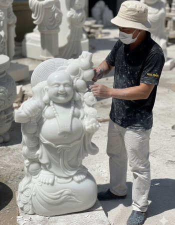  Tượng phật di lặc vác cành đào bằng đá trắng nguyên khối cao 60cm T193