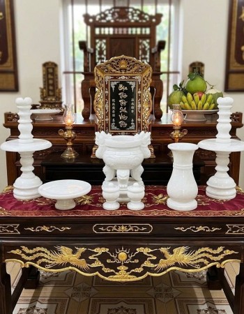 Bộ Đồ Thờ Cúng Gia Tiên bằng đá trắng tự nhiên nguyên khối T546