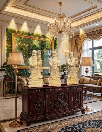 Bộ tượng Phúc Lộc Thọ bằng đá Cà rốt tự nhiên nguyên khối, cao 1.8m T460