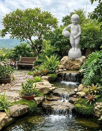 Tượng nghệ thuật đá nguyên khối Tiểu Thần Bên Suối Cao 80cm T477