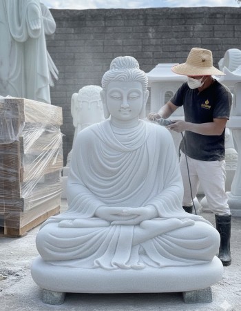 Tượng phật thích ca ngồi đá trắng nguyên khối  cao 68cm-52cm-36cm T266