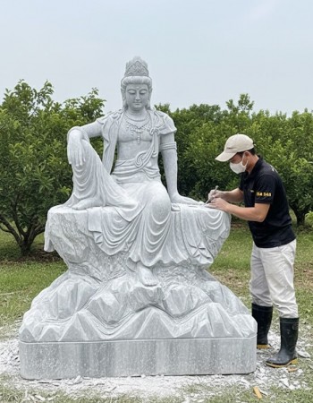 Tượng điêu khắc đá trắng nguyên khối quan âm toạ sơn cao 2m T262