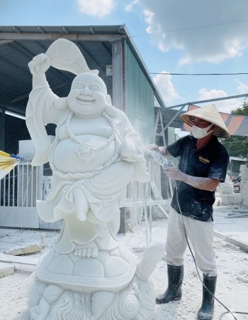 Tượng đá mỹ nghệ Phật Di Lặc cưỡi rùa bằng đá trắng nguyên khối tự nhiên cao 2.5m T222