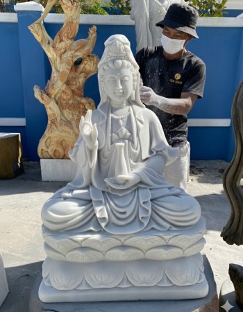 Tượng phật quan âm ngồi trên đài sen đá trắng cao 95cm ngang 70cm dài 45cm T188