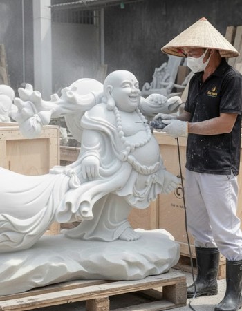 Tượng điêu khắc Phật Di Lặc vác bao tiền bằng đá trắng nguyên khối cao1.1m dài,1.2m T223