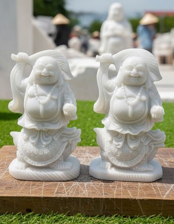 Tượng điêu khắc Phật Di Lặc cưỡi rùa bằng đá trắng nguyên khối cao 25cmT225