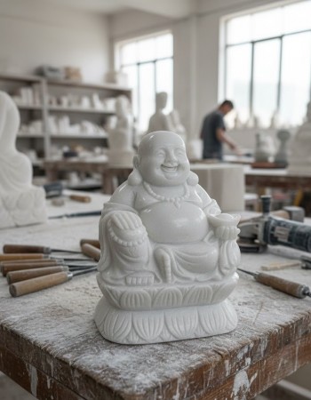  Tượng phật di lặc ngồi trên đài sen bằng đá trắng nguyên khối cao 25cm, ngang 18cm, dài 12cm T194