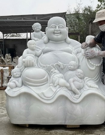 Tượng phật di lặc ngũ phúc bằng đá trắng nguyên khối cao 1.8m ngang,1.73m, dài 1.12m T195