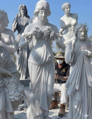 Tượng nữ thần nông sản đá trắng nguyên khối cao 1.9m, ngang 50cm, dài 60cm T183