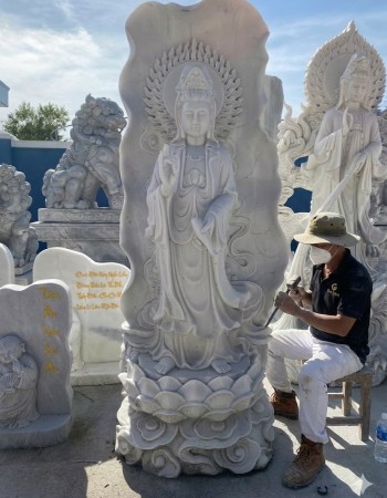 Tượng phật quan âm đá trắng nguyên khối Cao 2.2m-80cm-50cm T156