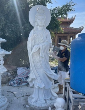 Tượng phật quan âm đá trắng nguyên khối Cao 2.5M -ngang 1M -dài 50Cm T157
