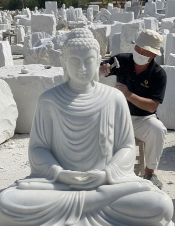 Tượng phật thích ca đá trắng nguyên khối Cao 1.5m ngang 90cm dài 70cm T166