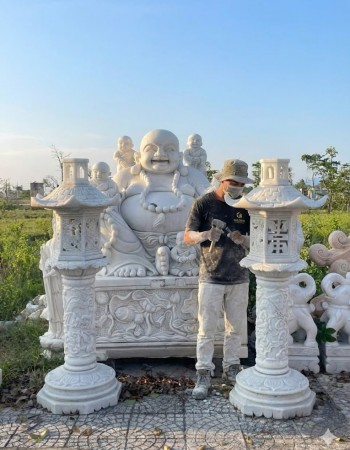 Cặp chân đèn đá trắng nguyên khối cao 1.5m, ngang mái 50cm, thân 37cm T150