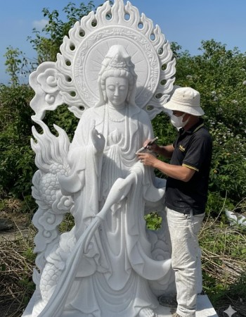 Tượng phật quan âm đứng đá trắng nguyên khối Cao 1.5M ngang 60Cm dài 40Cm T170
