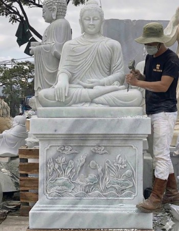 Tượng phật thích ca ngồi  đá trắng nguyên khối tượng cao 103cm x 81 x 52 (cm), đế cao 81cm x 85 x 55 (cm) T271