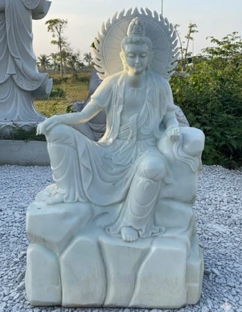 Tượng phật quan âm toạ sơn đá trắng Cao 1.5m - ngang - 90cm - dài 60cm T002
