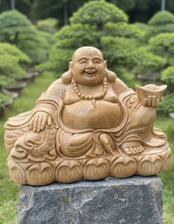 Tượng di lặc đá vân gỗ nguyên khối cao 40cm T229