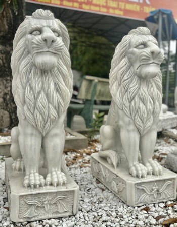 Tượng điêu khắc cặp sư tử đá trắng nguyên khối cao 95Cm T043