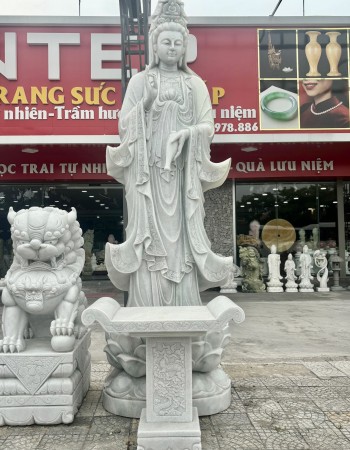 Tượng phật quan âm đá trắng nguyên khối cao 3M60 T044