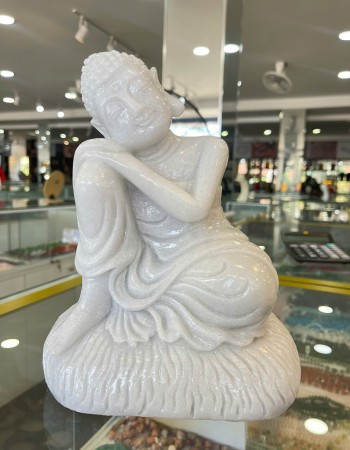 Tượng thích ca dáng ngồi ngủ đá trắng nguyên khối cao 25cm, rộng 20cm, dày 14cm T126