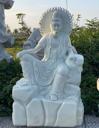 Tượng phật quan âm toạ sơn đá trắng cao 1.6m ngang 90cm dài 60cm T003