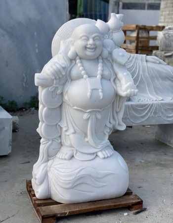 Tượng phật di lặc gánh tiền bằng đá trắng nguyên khối cao 120cm, ngang 65cm, dài 45cm T236