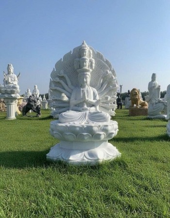 Tượng Phật Quan Thế Âm Bồ Tát nghìn tay, nghìn mắt ngồi trên đài sen,đá trắng nguyên khối cao 1.5m T280