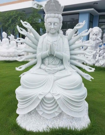 Tượng Quan Âm Bồ Tát nghìn tay nghìn mắt dáng ngồi đá trắng nguyên khối, cao 1.5m T281