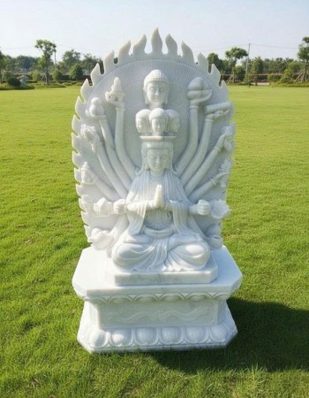 Tượng Phật Quan Âm Thiên Thủ Thiên Nhãn ngồi trên đài sen bằng đá trắng, cao 1.2m  T284