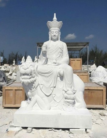 TƯỢNG ĐỊA TẠNG VƯƠNG BỒ TÁT CƯỠI ĐỀ THÍNH ĐÁ TRẮNG NGUYÊN KHỐI CAO 2M T306