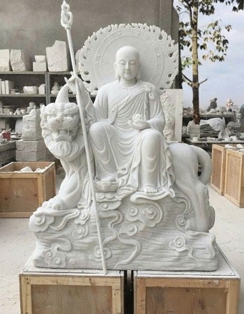 Tượng Địa Tạng Vương Bồ Tát cưỡi Đề Thính tượng đá trắng nguyên khối cao 2m T307