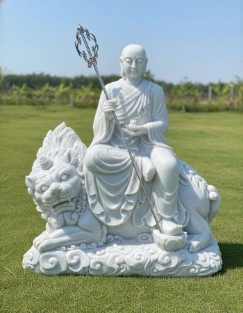 Tượng Địa Tạng Vương Bồ Tát cưỡi Đề Thính Đá Trắng Nguyên Khối Cao 1.8M T309