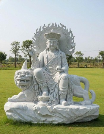 Tượng Địa Tạng Vương Bồ Tát cưỡi Đề Thính Tượng Đá Trắng Nguyên Khối Cao 1.7m T310