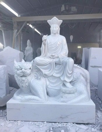 Tượng Địa Tạng Vương Bồ Tát cưỡi Đề Thính Đá Trắng Nguyên Khối Cao 2m T311