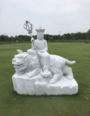 Tượng Địa Tạng Vương Bồ Tát cưỡi Đề Thính Đá Trắng Nguyên Khối Cao 1.7m T312