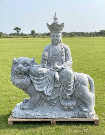 Tượng Địa Tạng Vương Bồ Tát cưỡi Đề Thính Đá Trắng xanh Nguyên Khối cao 1.5m T313