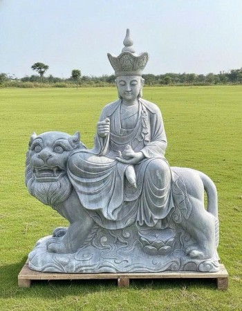 Tượng Địa Tạng Vương Bồ Tát cưỡi Đề Thính Đá Trắng Xanh Nguyên Khối Cao 2m T314