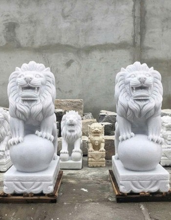 Tượng Sư Tử Đá Trắng Gác Cổng đá trắng nguyên khối cao 1m5 T348