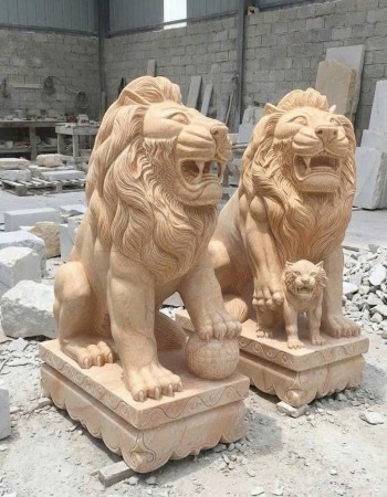 Cặp sư tử đá vân gỗ nguyên khối cao 1.2m  T352