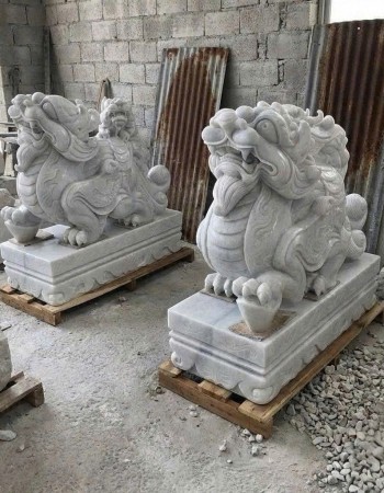 Cặp tỳ hưu nằm đá trắng nguyên khối dài 1m  T354