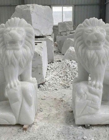 Cặp sư tử đá trắng nguyên khối cao 80cm T353