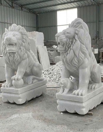 Cặp sư tử đá trắng nguyên khối cao 1m T355