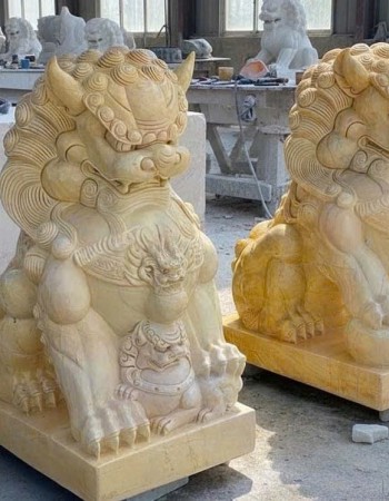 Cặp tượng kỳ lân đá vân gỗ nguyên khối tự nhiên cao 90cm T357