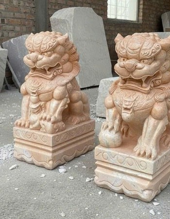 Cặp tượng kỳ lân đá vân gỗ nguyên khối tự nhiên cao 60cm T358