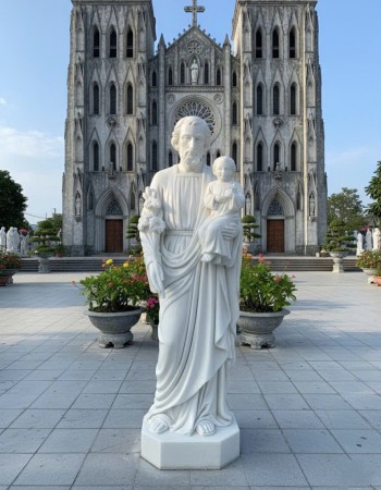 Tượng thánh Giuse bồng chúa đá trắng nguyên khối cao 1m6 T298